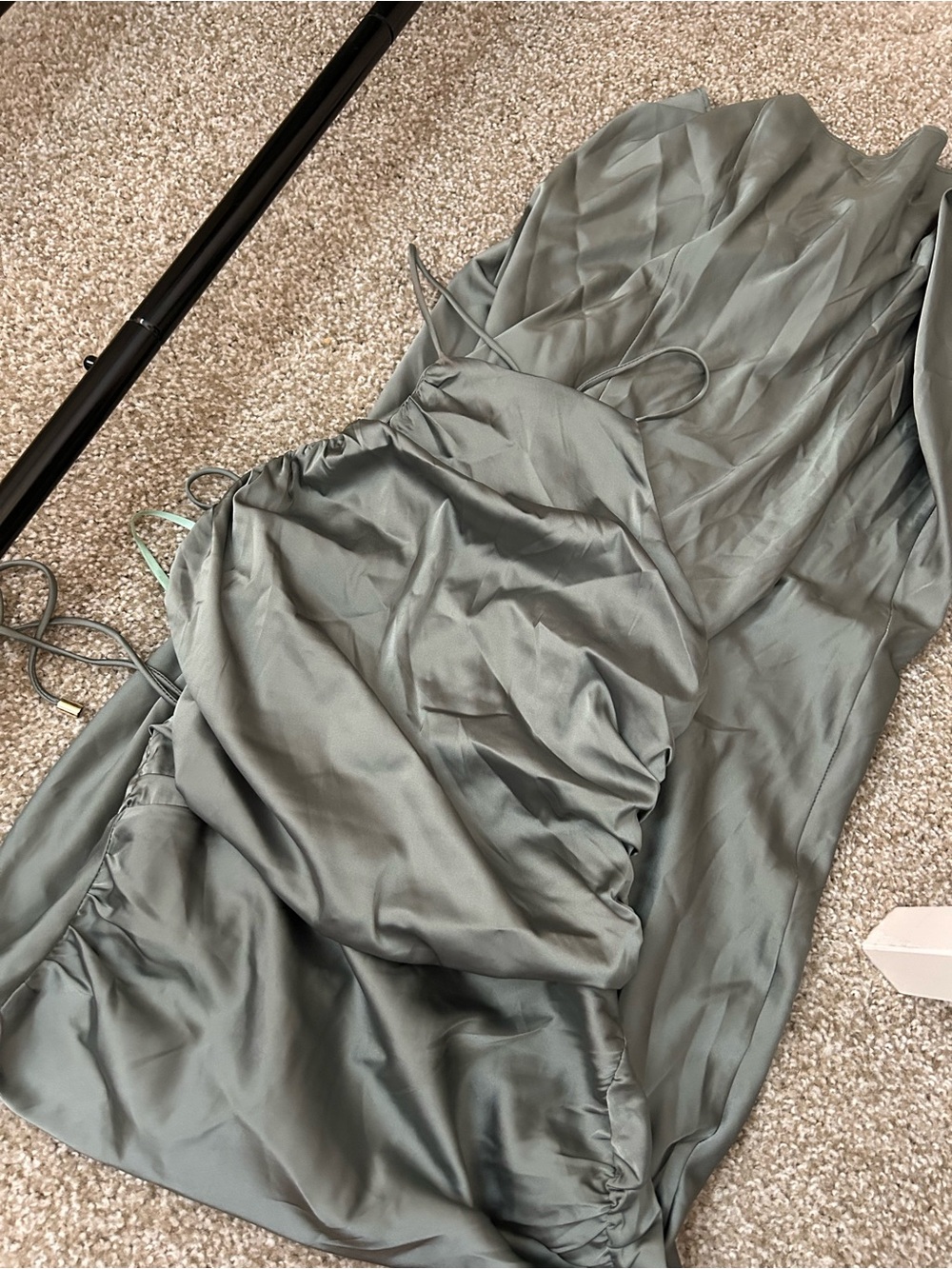 RUNAWAY Sage Green Satin Haltar Maxi Dress